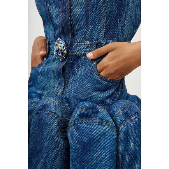 NWT Area Crystal Embellished Fur Print Sleeveless Godet Mini Dress Indigo Size 6 - Picture 6 of 13